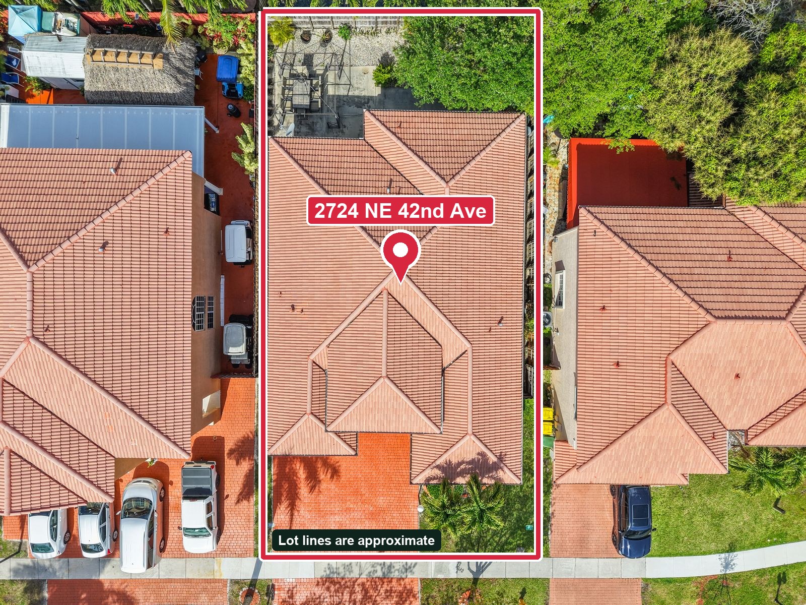 The home from above, with approximate lot lines